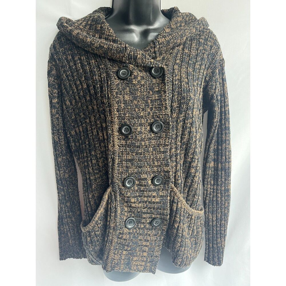 Effeci Y2K Brown Knit Sweater Double Breasted Cardigan Hooded M Retro Vintage